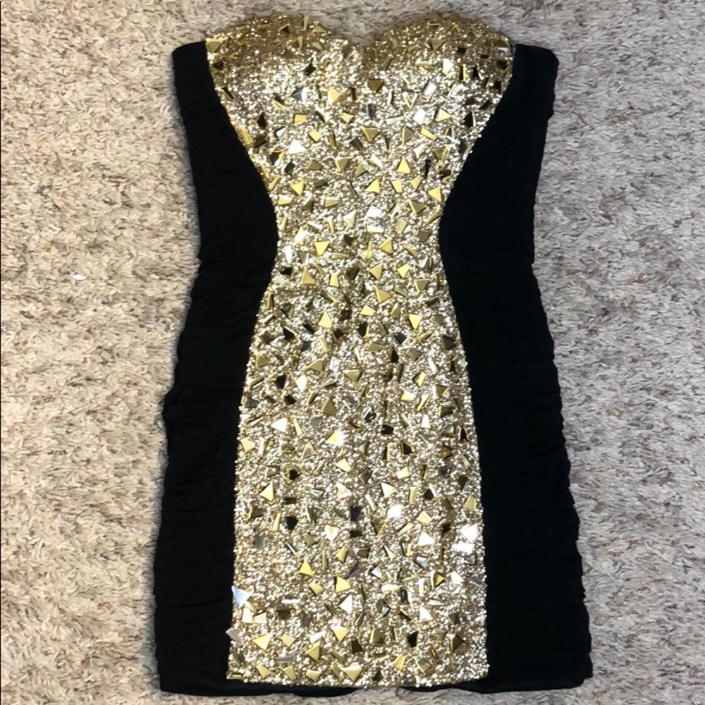 Black and gold La Femme mini cocktail dress